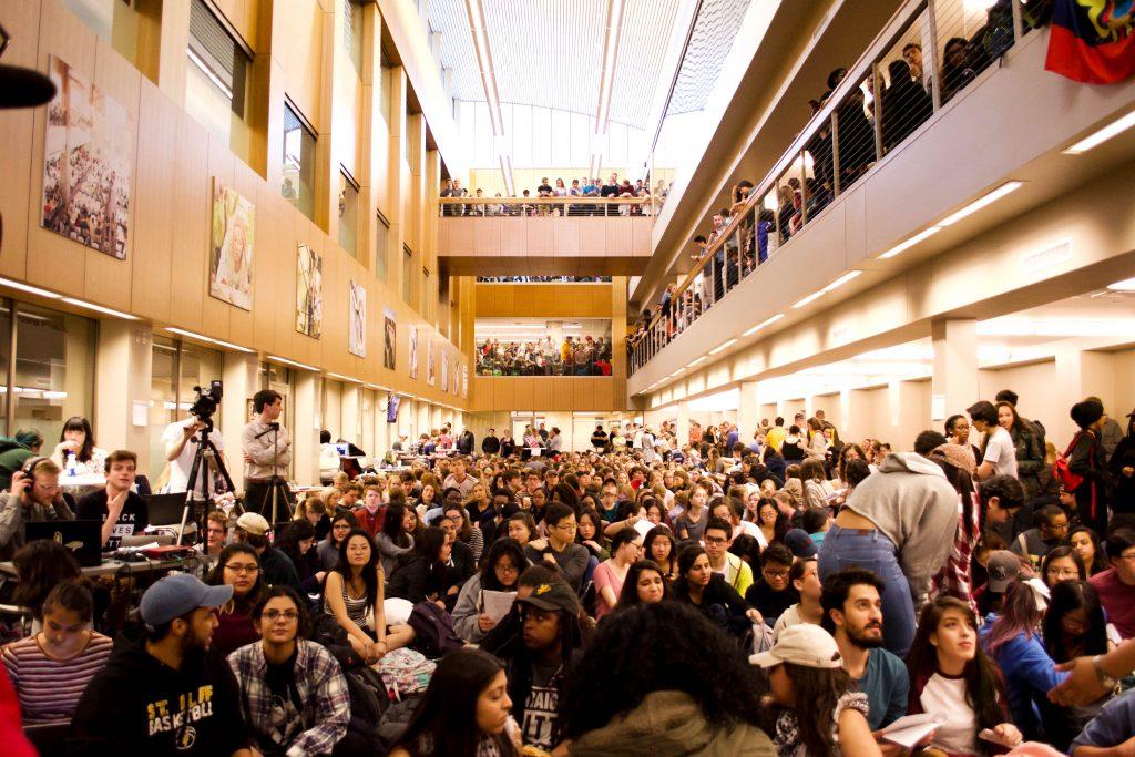 Students gather in Tomson Hall during the 2017 protests against racism at St. Olaf College. Avery Ellfeldt '19