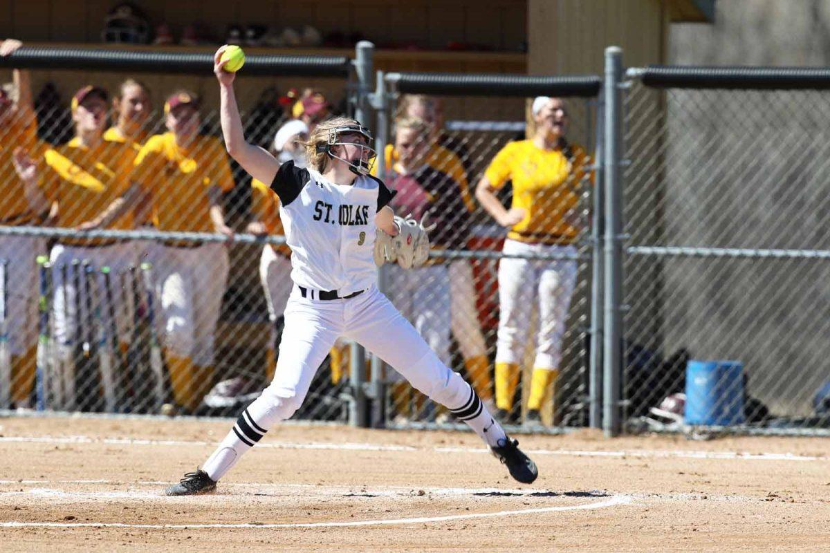 Julie Graf '21 delivers a strike against Carleton. Photo courtesy of St.Olaf Athletics