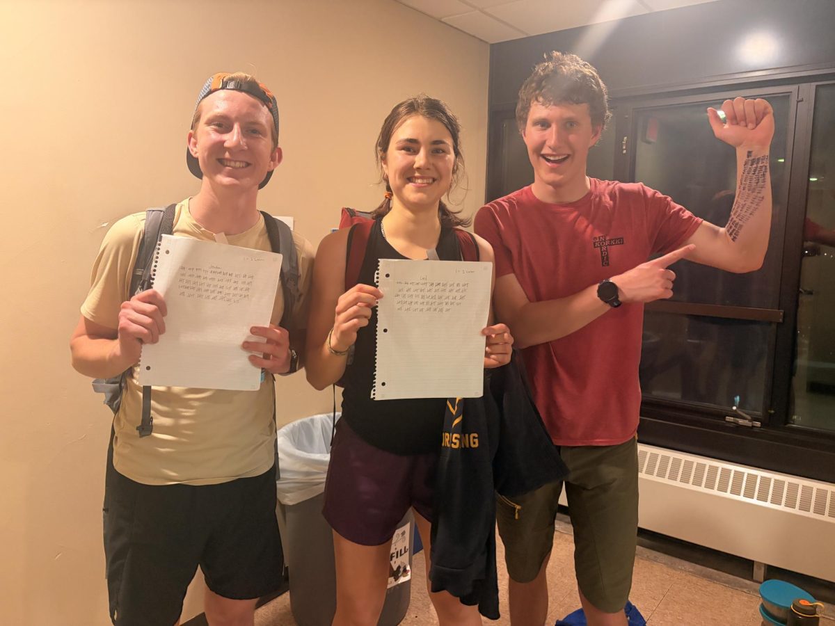 Photo of Jack Aldrich ’29, Paavo Rova ’28, and Liesl Cope-Schaeffer ’28 showing off how many times they climbed the Larson stairs.