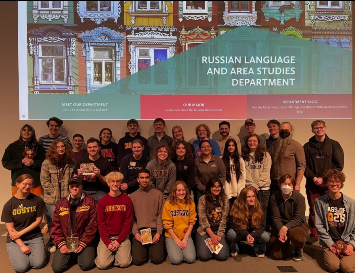 A photo from the inaugural Olympiada of Russian Language, hosted at St. Olaf in April, includes finalists from Carleton, Gustavus, Macalester, St. Olaf, and the University of Minnesota. The event brought together over 60 participants representing Russian-language programs across Minnesota.